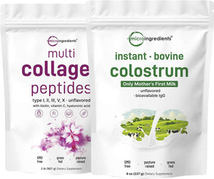 Micro Ingredients Multi Collagen Protein Powder 2 Pounds & Instant Colostrum Powder Bundle 2 Pack - Grass-Fed Collagen Peptides - Premium Bovine Mother’s First Milk