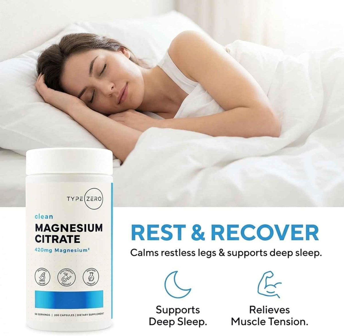 Type Zero Clean Magnesium Citrate (420mg) 200 Capsules, Gluten-Free - Pure Magnesium Citrate Supplement, GMO-Free, 50 Servings