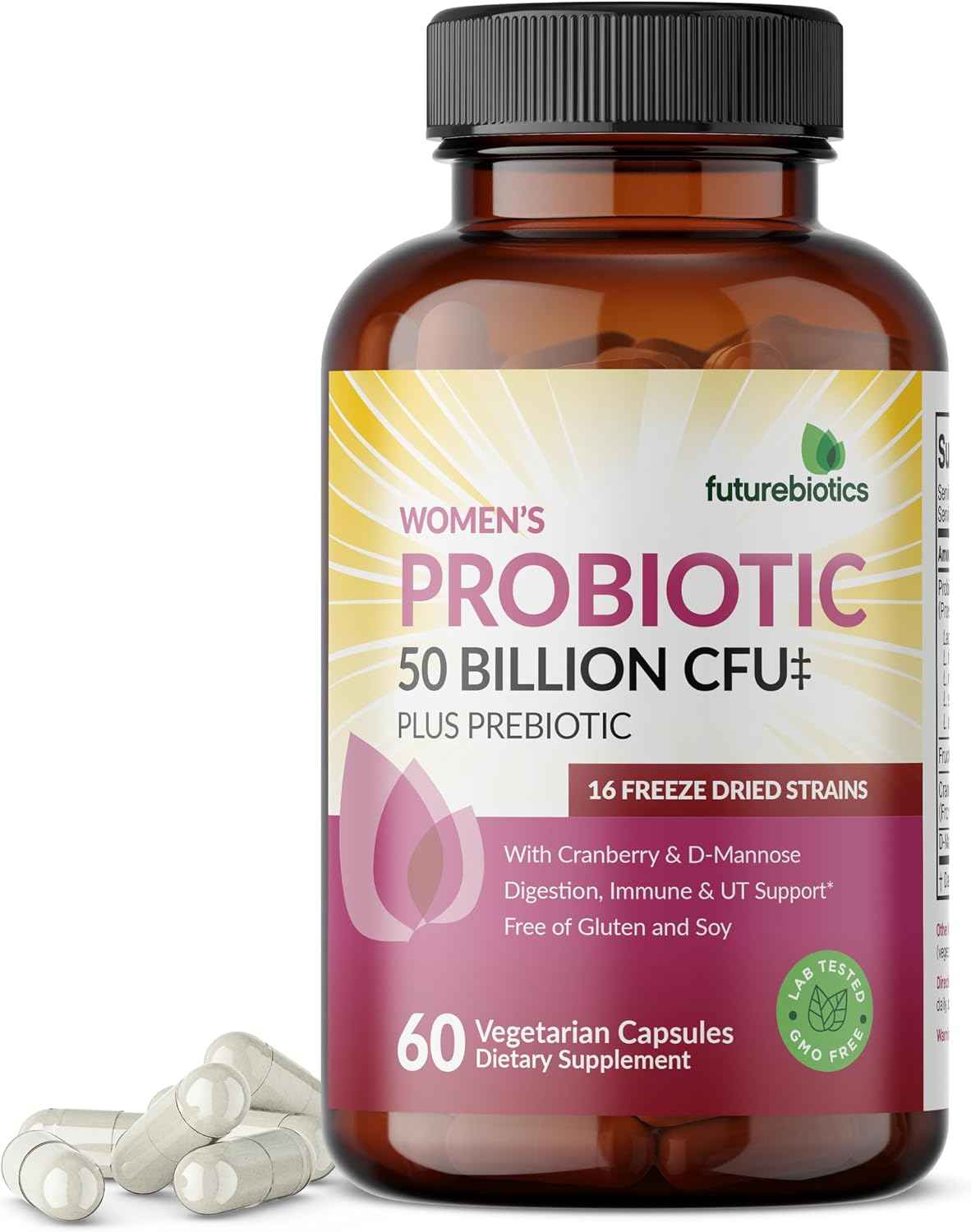 Futurebiotics Women's Probiotic 50 Billion CFU + Prebiotic with Cranberry & D-Mannose - Digestion Immune and Urinary Tract Support, Non-GMO, 60 Vegetarian Capsules