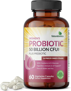 Futurebiotics Women's Probiotic 50 Billion CFU + Prebiotic with Cranberry & D-Mannose - Digestion Immune and Urinary Tract Support, Non-GMO, 60 Vegetarian Capsules