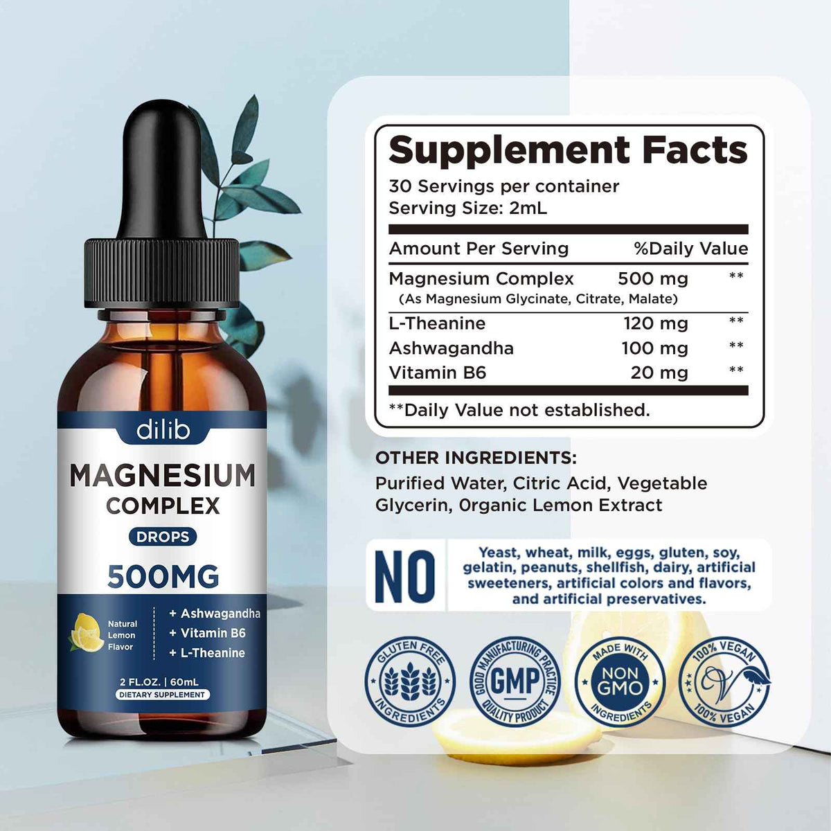 Magnesium Glycinate Liquid Drops, Triple Magnesium Complex Supplement with Citrate, Malate 500mg Ashwagandha, L-Theanine, Vitamin B6 for Sleep, Calm, Stress Relief, Bone, Muscle, Mood - Lemon Flavor