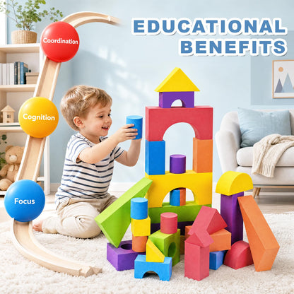 Bingyouth Large Building Foam Blocks for Toddlers, EVA Stacking Foam Building Blocks Toy Set, Non-Toxic, Washable, Early Learning Construction Toys & Gifts for Kids Boys & Girls (Blue, Pieces, 60)