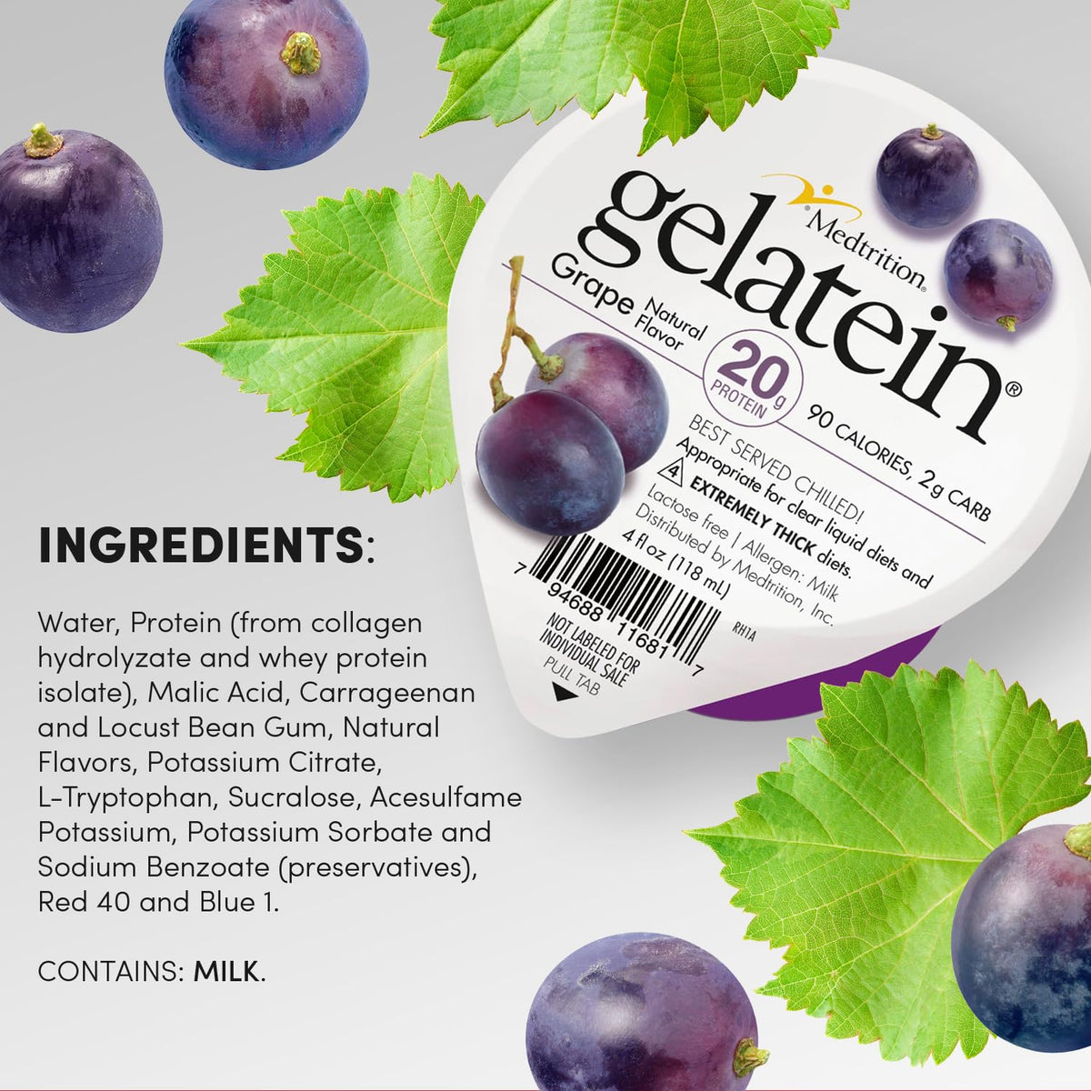Medtrition Gelatein Grape - High Protein, Sugar Free Gelatin with 20 grams of protein | Ideal for clear liquid diets, swallowing difficulties, bariatric, dialysis and oncology (12 Pack)