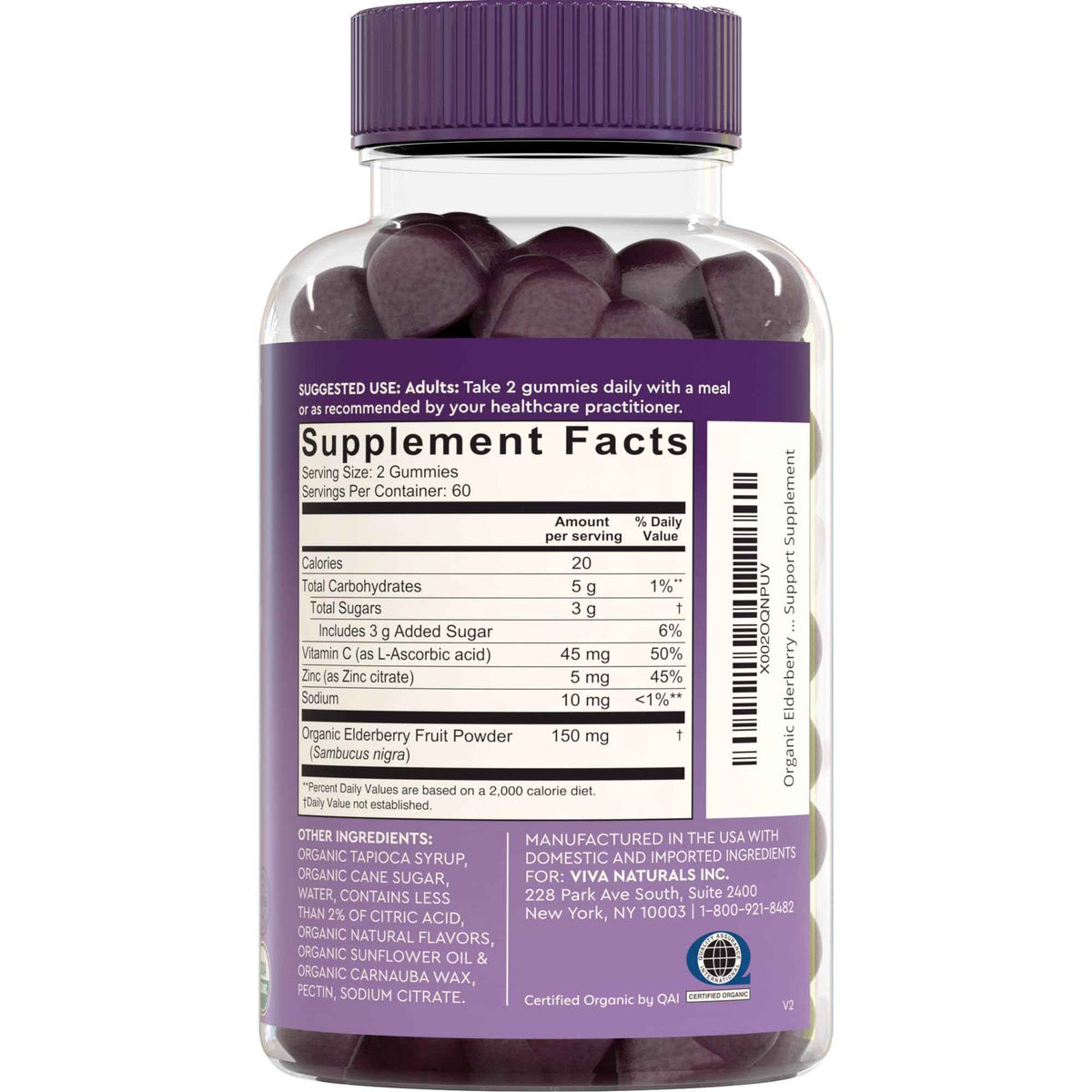 Viva Naturals Sambucus Elderberry Gummies for Adults - 150mg Black Elderberry Vitamin C and Zinc, 3-in-1 Daily Immune Support Gummies, Raspberry Rush Flavor
