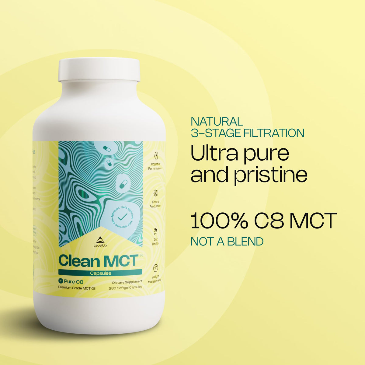 LevelUp Clean MCT Oil Capsules, 100% C8 Caprylic Acid, Keto, 280 Count