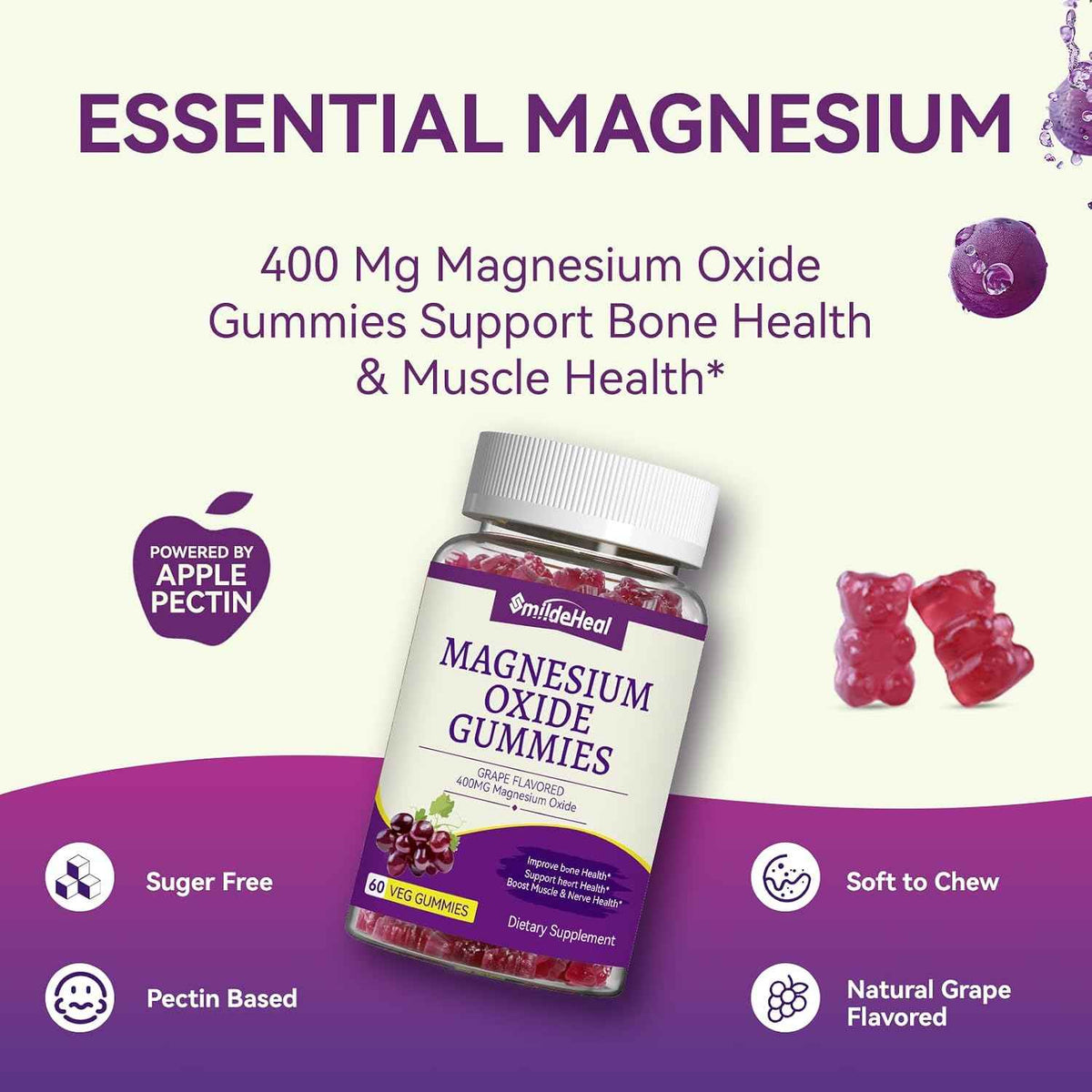 Magnesium Oxide Gummies 400mg - Magnesium Gummies for Women & Adults - Chewable Magnesium Supplement for Nerve & Muscle Support* - Sugar-Free, Vegan - 60 Gummies