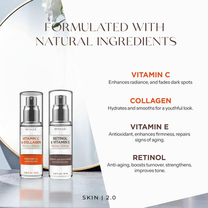 Skin 2.0 Retinol & Vitamin E + Collagen & Vitamin C Serum For Face – Dermatologist Tested, Anti Aging, Korean Skin Care – Smooths Lines, Firms, Hydrates, Revitalizes – Vegan, Clean Beauty – Pack of 2