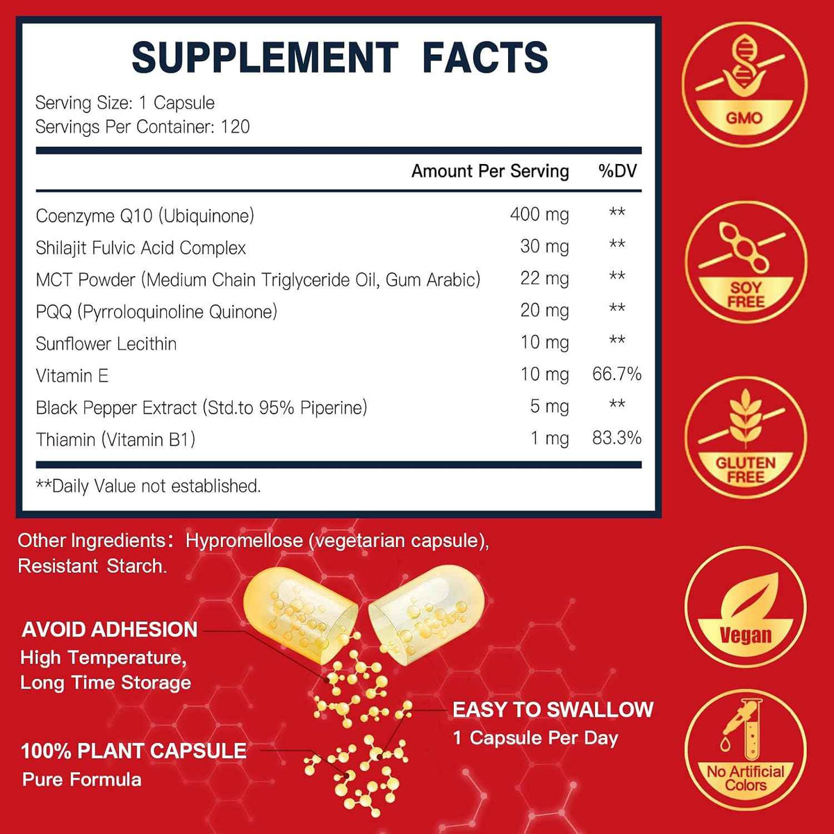 DRFOSTER CoQ10 400mg-High Absorption Coenzyme Q10 Supplements with PQQ, Shilajit & Vitamin E, Powerful Antioxidant for Heart & Brain Health and Energy-Production 120 Veggie Capsules