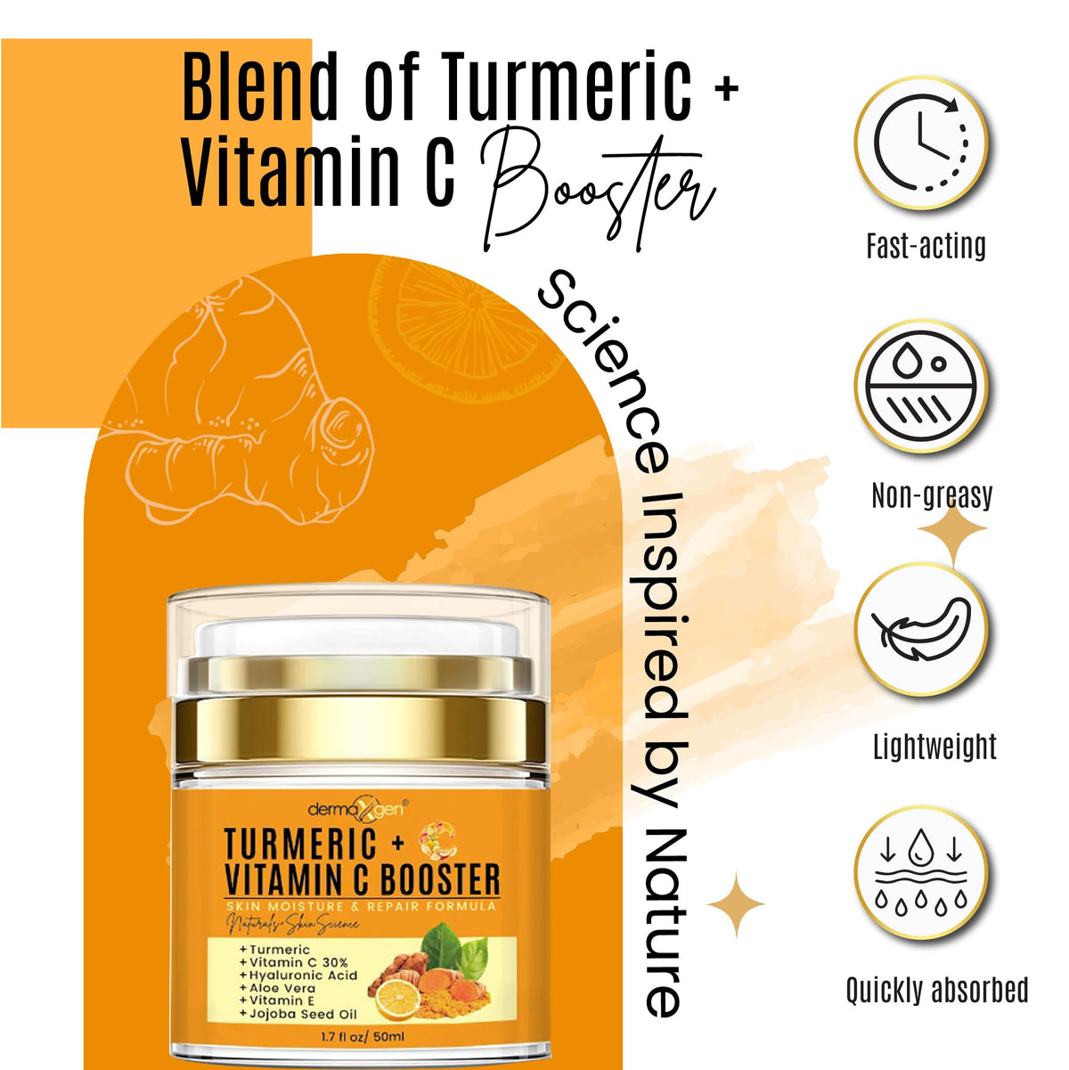 Dermaxgen Turmeric Face Cream with 30% Vitamin C - Glow Booster & Anti-Aging Moisturizer for Dark Spots & Skin Repair (1.7 fl. oz)
