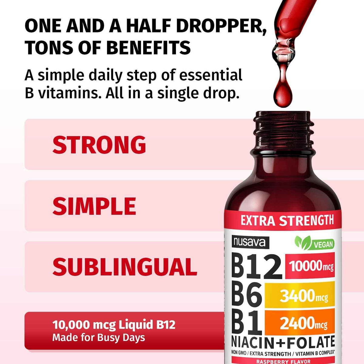 NUSAVA (2 Pack) Extra Strength Liquid Vitamin B12 Sublingual Vitamin B Complex (Raspberry) - (2-Pack) Vitamin D3 K2 Drops, B12 5000 mcg Sublingual, D3 5000 IU with MCT Oil and Omega 3 (Strawberry)