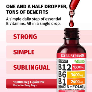 NUSAVA (2 Pack) Extra Strength Liquid Vitamin B12 Sublingual Vitamin B Complex (Raspberry) - (2-Pack) Vitamin D3 K2 Drops, B12 5000 mcg Sublingual, D3 5000 IU with MCT Oil and Omega 3 (Strawberry)