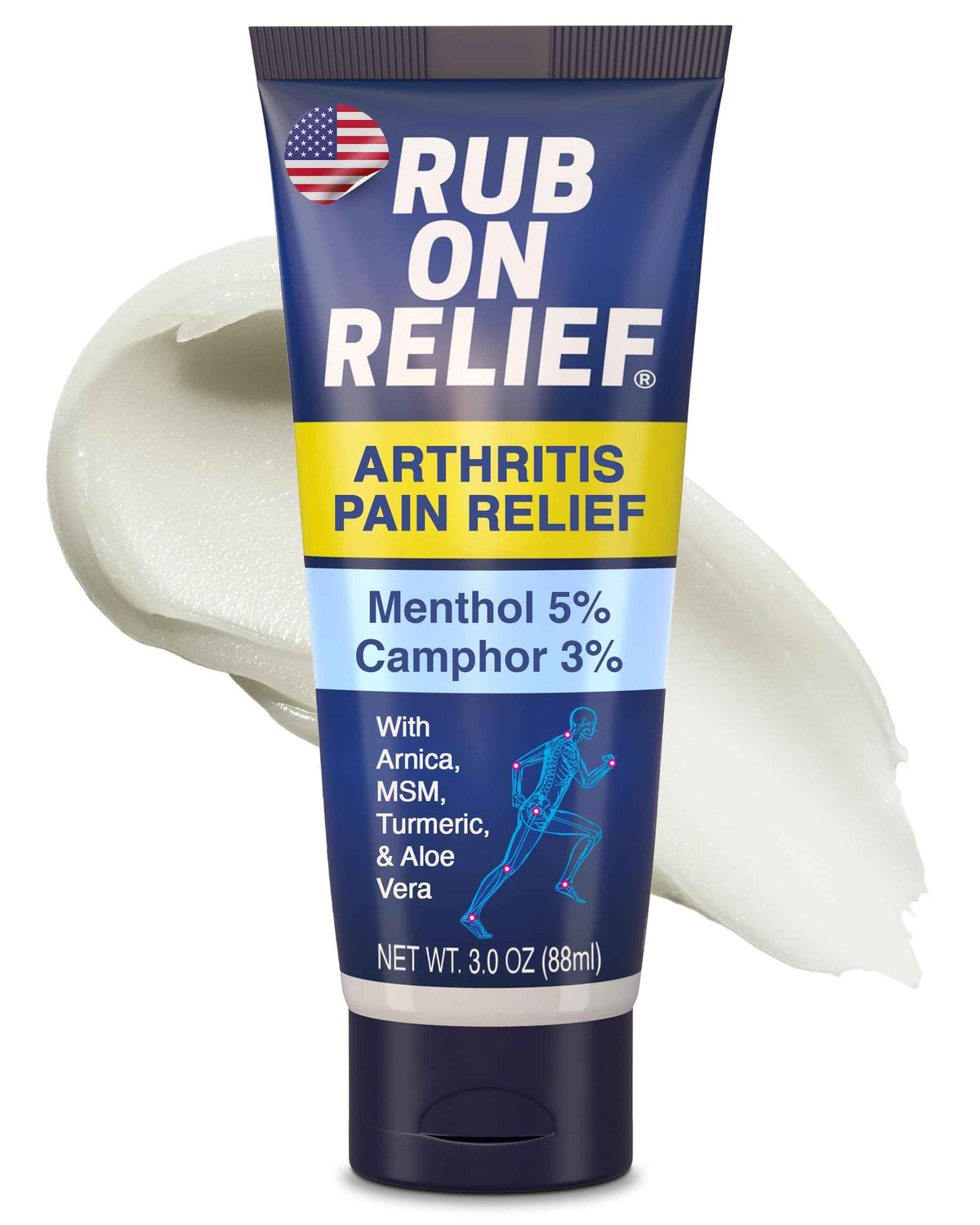 RUB ON RELIEF Arthritis Pain Relief Cream - 10-in-1 Non-Greasy Joints Pain Cream for Knees, Back, Neck, Hands, & Muscle Aches with Menthol, Camphor, Arnica, MSM & Turmeric Up to 8 Hours, 3oz (1 Pack)