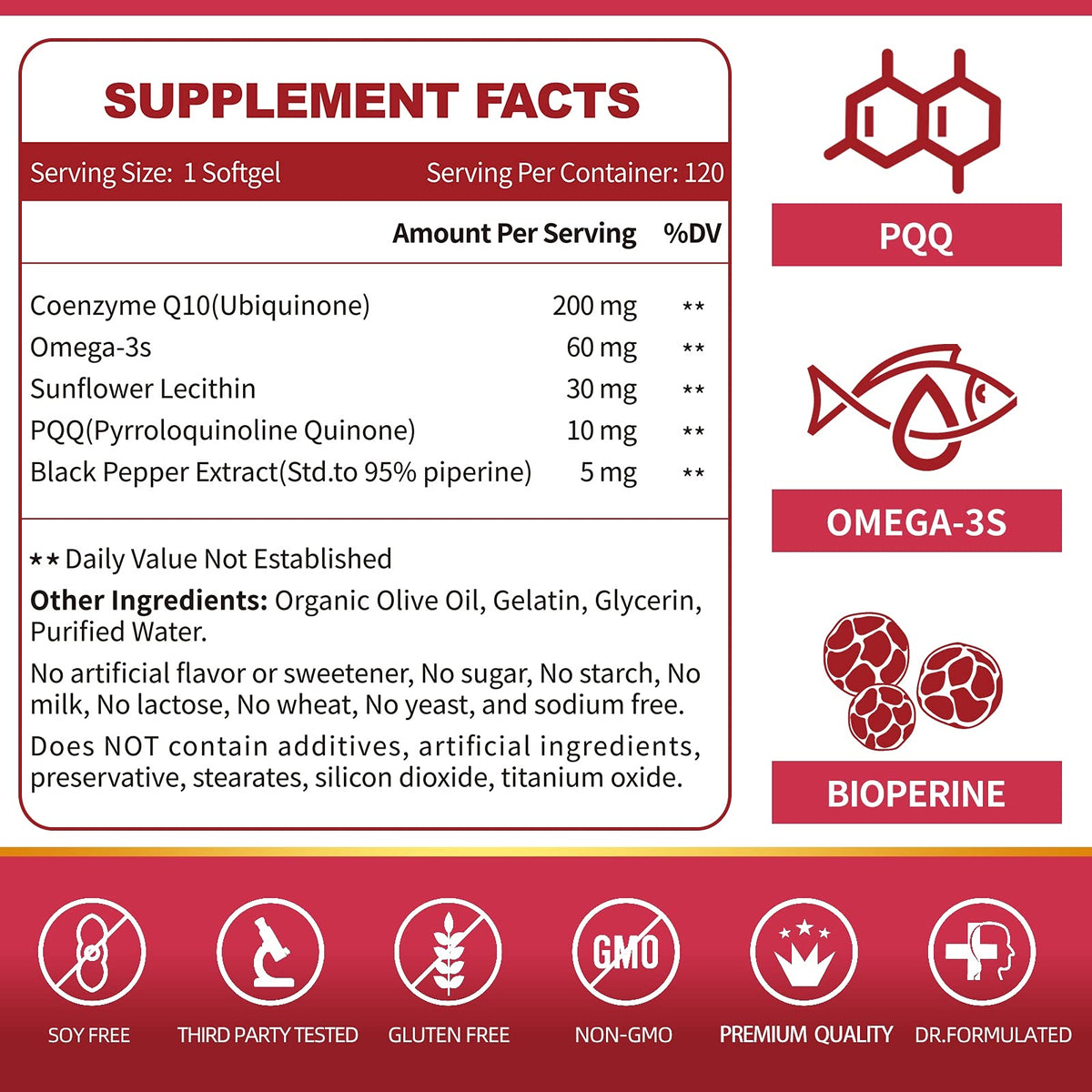 CoQ10-200mg-Softgels with PQQ, BioPerine & Omega-3, 120 Servings Coenzyme Q10