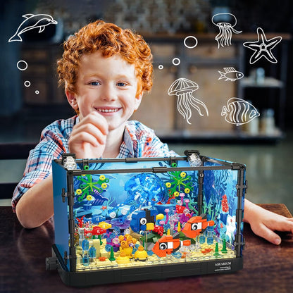 HOGOKIDS Fish Tank Building Set with LED Light and Ocean Animals for Kids