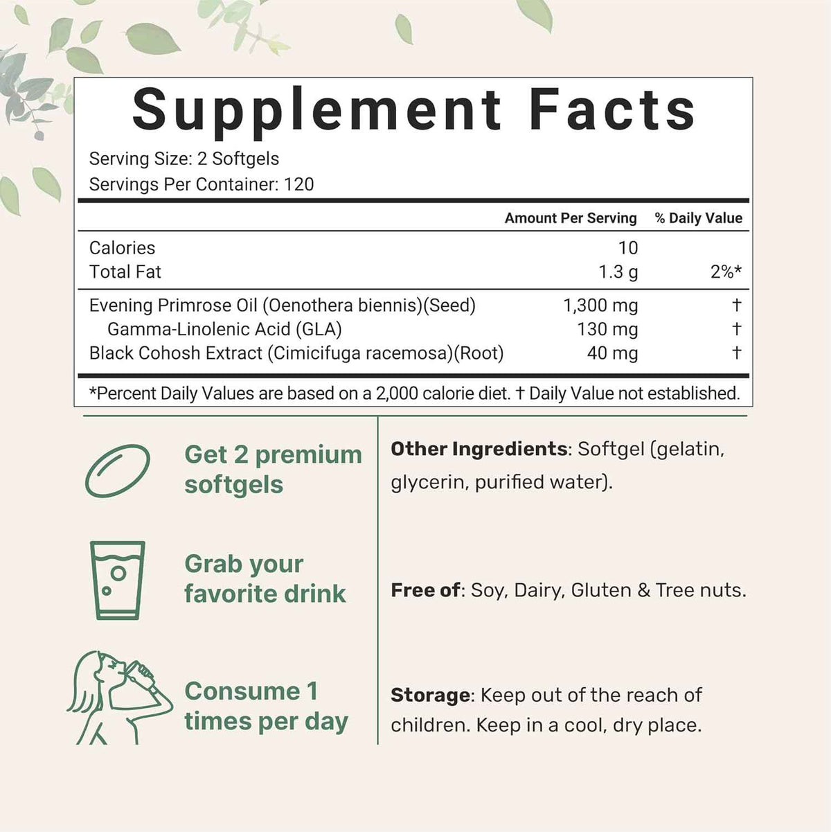 Evening Primrose Oil 1300mg Per Serving, 240 Softgels - Enhanced with 40mg Black Cohosh Extract, Cold Pressed - 10% Active GLA, Non-GMO, No Gluten, Easy to Swallow