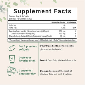 Evening Primrose Oil 1300mg Per Serving, 240 Softgels - Enhanced with 40mg Black Cohosh Extract, Cold Pressed - 10% Active GLA, Non-GMO, No Gluten, Easy to Swallow
