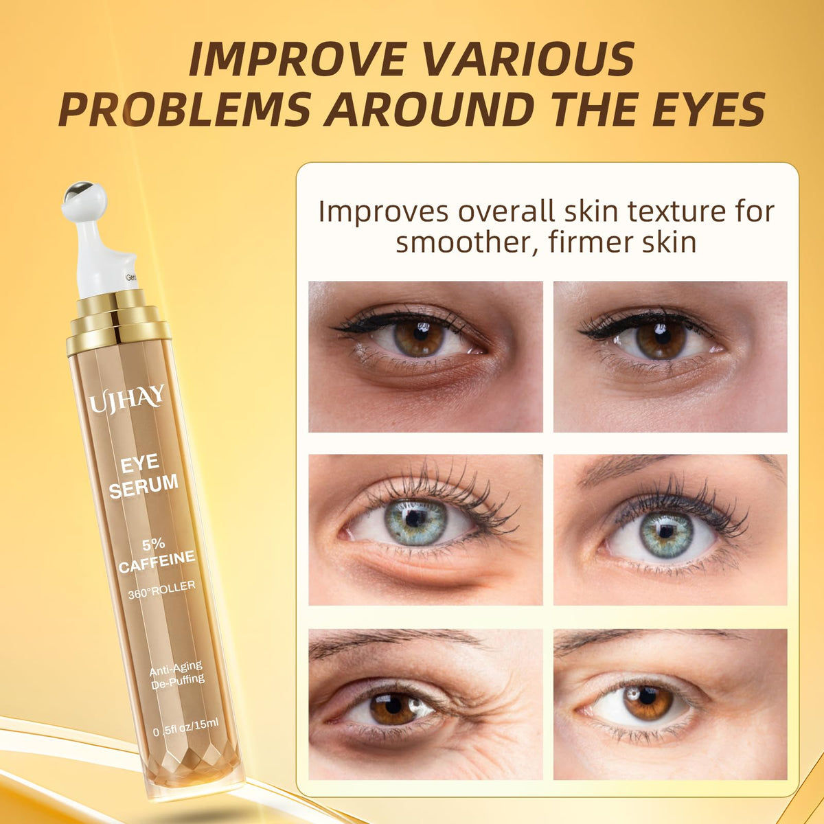 UJHAY 5% Caffeine Eye Cream & Under Eye Serum for Dark Circles & Puffiness - 360° Roller