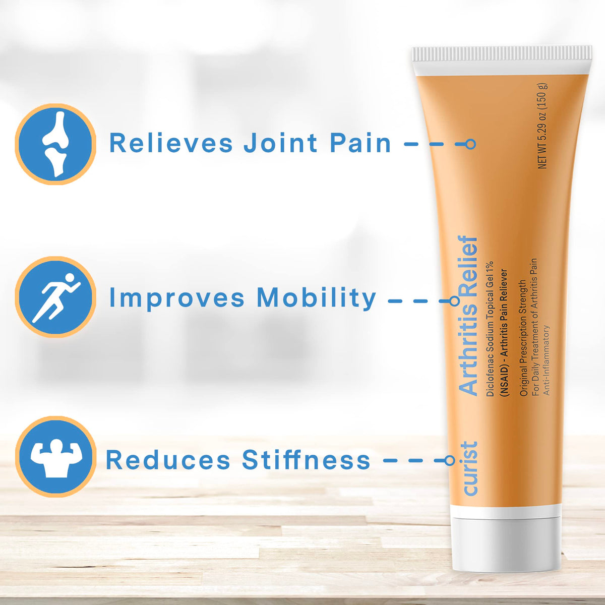 Curist Diclofenac Arthritis Cream Gel 1% (3 Tubes of 150g) - for Wrists, Feet, Elbows, & Ankles. Hand Arthritis Pain Relief & Knee Arthritis Pain Relief (3 Pack, 5.29 oz ea.)