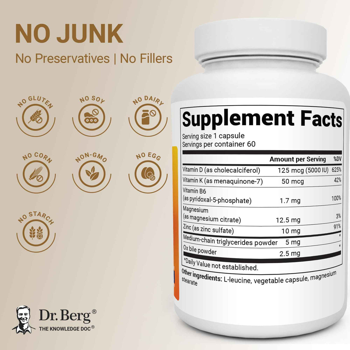 Dr. Berg Maximum Strength 7-in-1 Vitamin D3 K2 5000 IU - Naturally Derived D3 - 4X Lab-Tested & Verified - High Absorption Formula - K2 D3 Vitamin Supplement - 60 Capsules