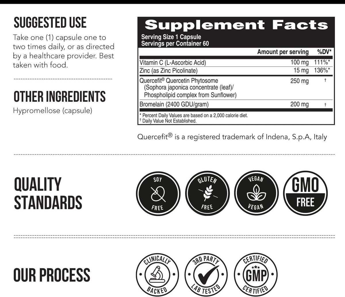 Quercetin Complete Quercetin Phytosome with 50X Higher Absorption - Most Effective Form of Quercetin - Enhanced with Bromelain, Zinc & Vitamin C (60 Capsules)