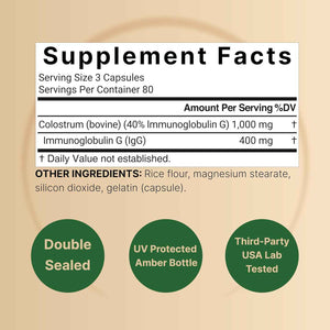 NatureBell Bovine Colostrum Supplement 1,000mg Per Serving, 240 Capsules - 40% IgG Colostrum Powder for Gut Health, Bloating, Skin, Hair & Immune Support - Non-GMO