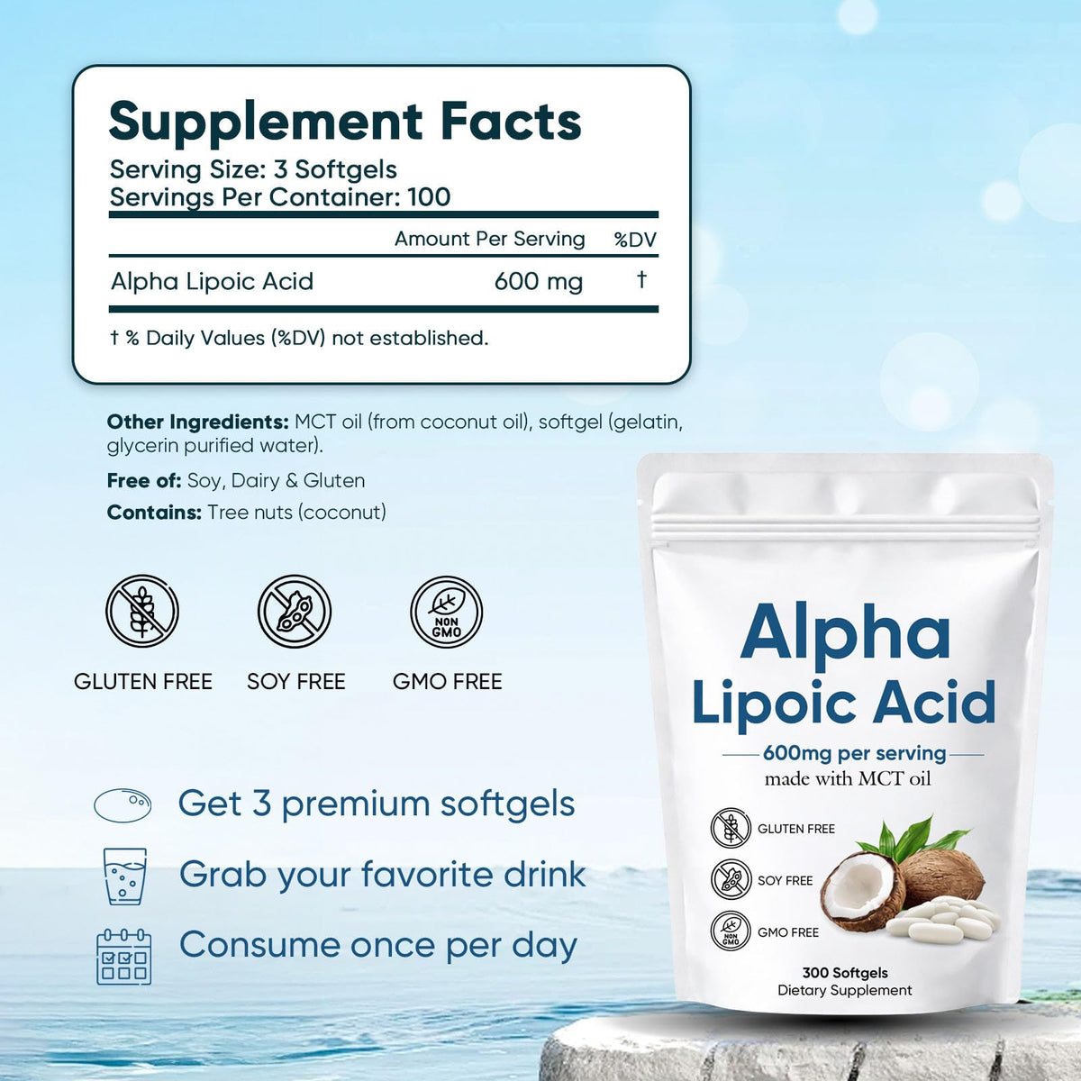 Aacnre Alpha Lipoic Acid 600mg with MCT Oil, Antioxidant Support for Nerve, Energy & Cellular Health, Non-GMO, Vegan, Gluten Free, 300 Softgels