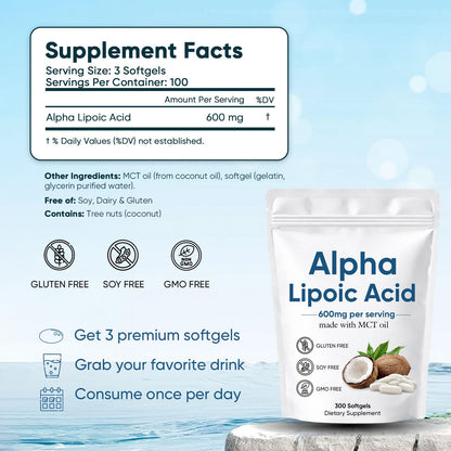 Aacnre Alpha Lipoic Acid 600mg with MCT Oil, Antioxidant Support for Nerve, Energy & Cellular Health, Non-GMO, Vegan, Gluten Free, 300 Softgels