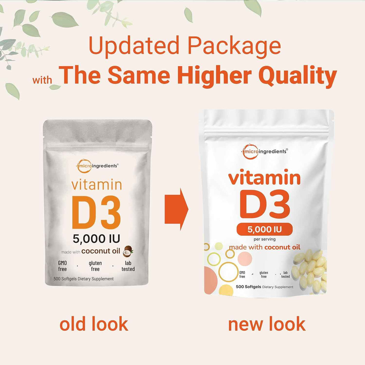 Micro Ingredients Vitamin D3 5,000 IU, 500 Softgels - Virgin Coconut Oil - Cholecalciferol Form - Bone, Immune & Heart Support - Easy to Swallow, Non-GMO