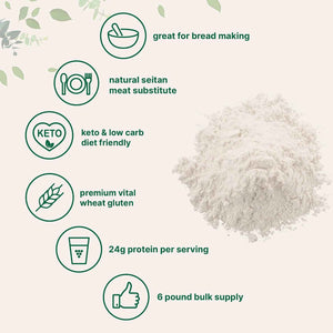 Premium Vital Wheat Gluten, 6lbs Powder - Great for Bread Making & Seitan - 24g High Protein Per Serving - Low Carb Baking Flour - Plant Based - Vegan & Keto Friendly - Non-GMO