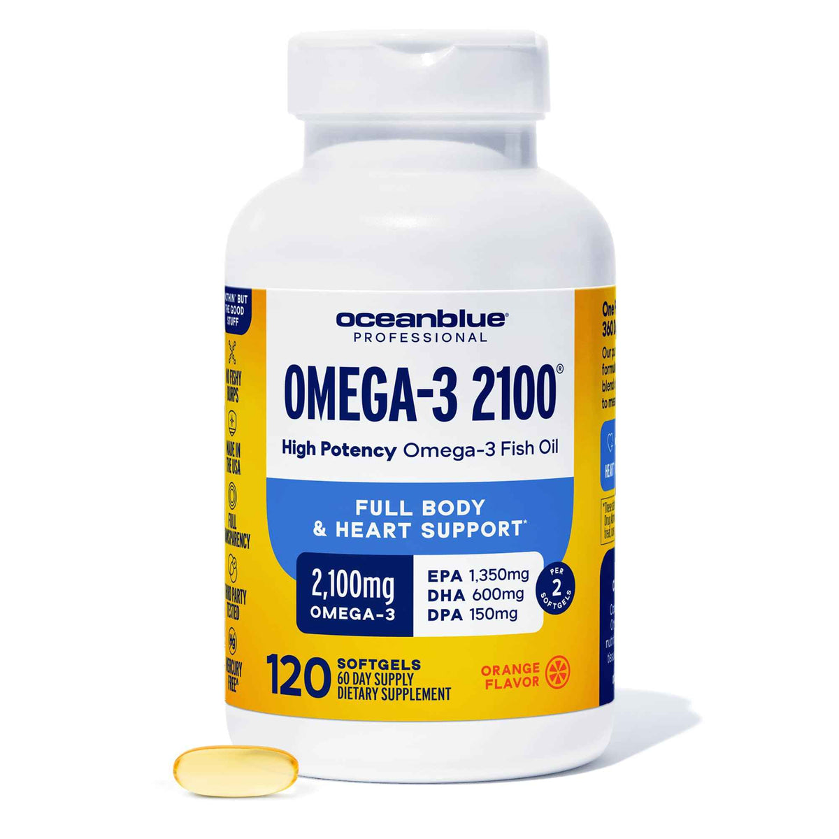 Oceanblue Professional Omega-3 2100mg Fish Oil Supplement - Triple Strength, High Potency EPA, DHA & DPA - Burpless, Wild-Caught, Natural Orange Flavor - 120 Count (Pack of 1)