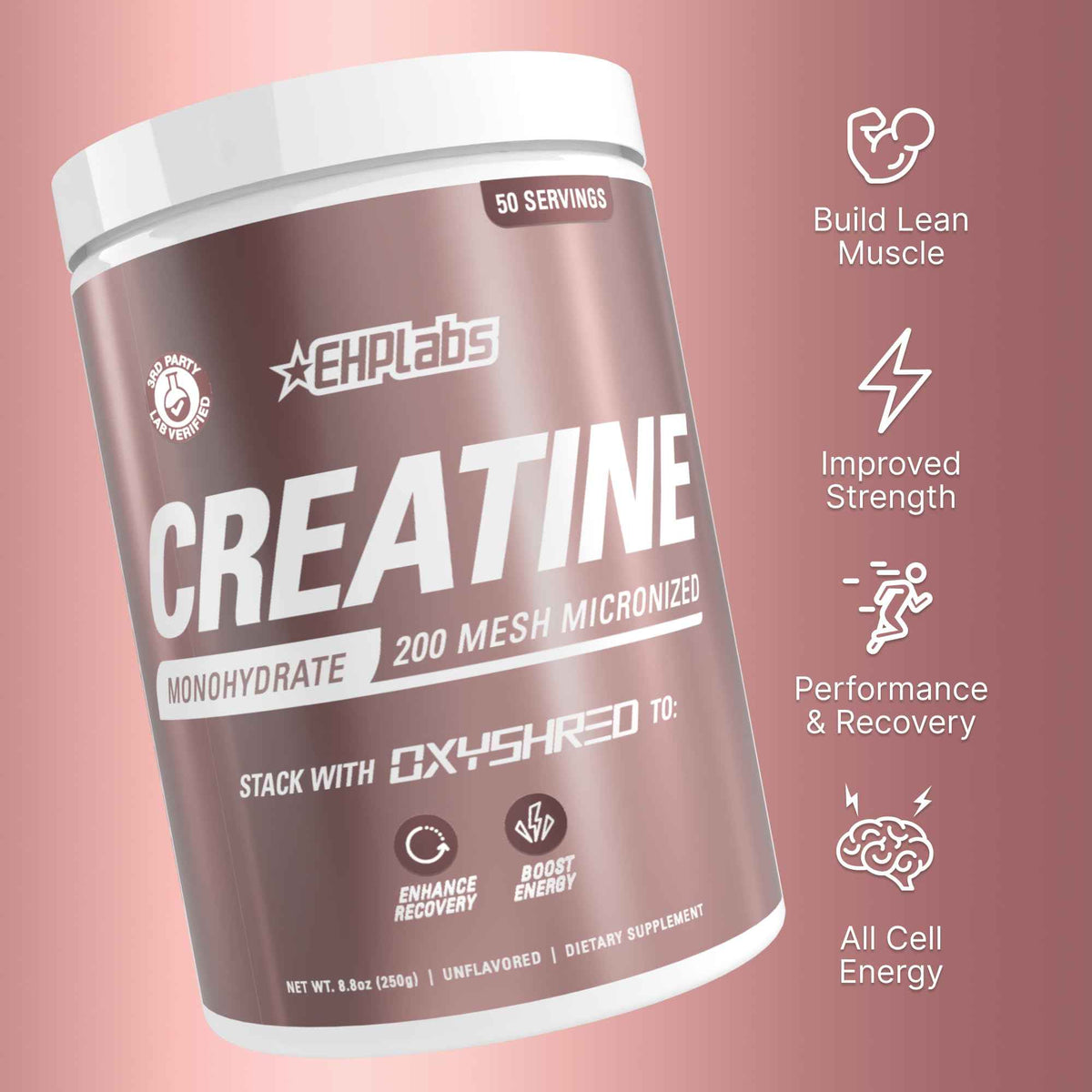 EHP Labs CREA-8 Creatine Monohydrate Powder, Unflavored, 100 Servings - Micronized Creatine For Muscle Growth, Strength & Energy. Mixes Easily, No Clumping. Pre Or Post Workout. 500g