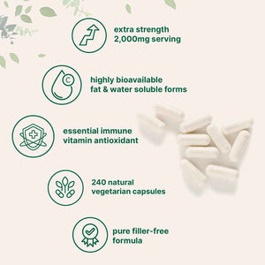 Pure Vitamin C 2,000mg, 240 Veggie Capsules - Highly Bioavailable Fat & Water Soluble Forms - Max Potency - Antioxidant & Immune Support Supplement - Easily Absorbed, Non-GMO, Filler Free