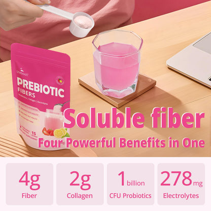 Daily Fiber Supplement for Women & Men, Fiber Powder with Probiotics, Collagen & Electrolytes- Supports Digestive & Gut Health, Bloating Relief | Sugar Free, Strawberry Lemon Flavor, 15 Servings
