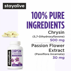 STAY ALIVE Chrysin Supplement 500mg & Passion Flower Extract Powder, 5,7-Dihydroxyflavone, Non-GMO and Gluten-Free Chrysin for Men and Women, 120 Capsules STAY ALIVEBuy Supplements Australia