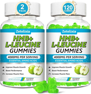 HMB and L-Leucine Gummies, 4000mg HMB and Leucine Supplements Amino Acid Gummies for Men & Women, Support Muscle Growth, Muscle Relief and Workout Recovery, Sugar-Free, Vegan, Apple Flavor, 120 Count
