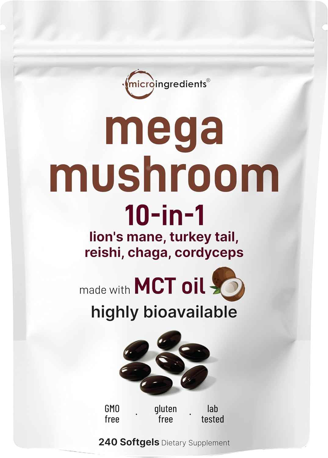 Micro Ingredients 10‑in‑1 Mega Mushroom Complex Supplement - Lions Mane, Cordyceps, Reishi, Chaga & More - 240 Softgels with MCT Oil - 4 Month Supply - Adaptogenic Functional Mushroom Blend