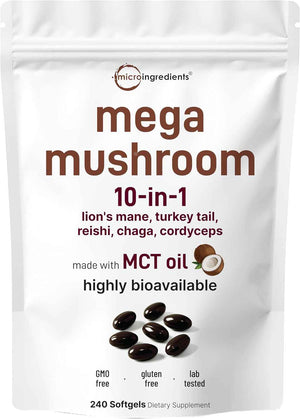 Micro Ingredients 10‑in‑1 Mega Mushroom Complex Supplement - Lions Mane, Cordyceps, Reishi, Chaga & More - 240 Softgels with MCT Oil - 4 Month Supply - Adaptogenic Functional Mushroom Blend