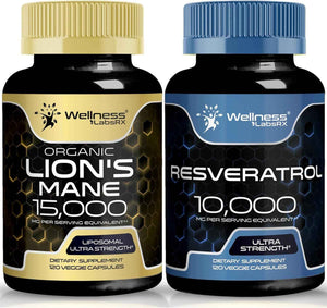 WELLNESS LABSRX Resveratrol Capsules 10000 - Lions Mane Supplement Capsules - Bundle