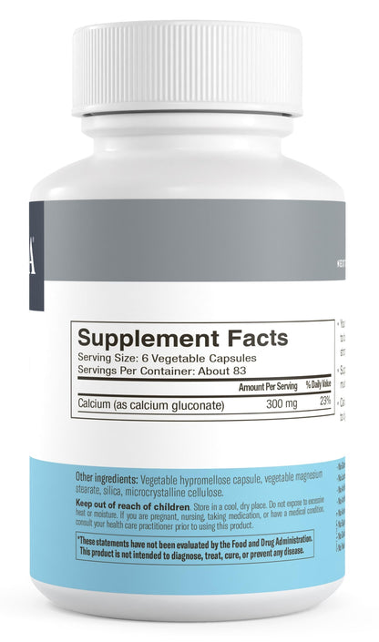 FREEDA Calcium Gluconate Supplement for Bone & Joint Support - 100 Capsules - Supports Teeth & Muscle Health - Pure Calcium w/o Vitamin D - Gentle on Stomach, Easy-to-Digest, Kosher, Vegan, Made in USA