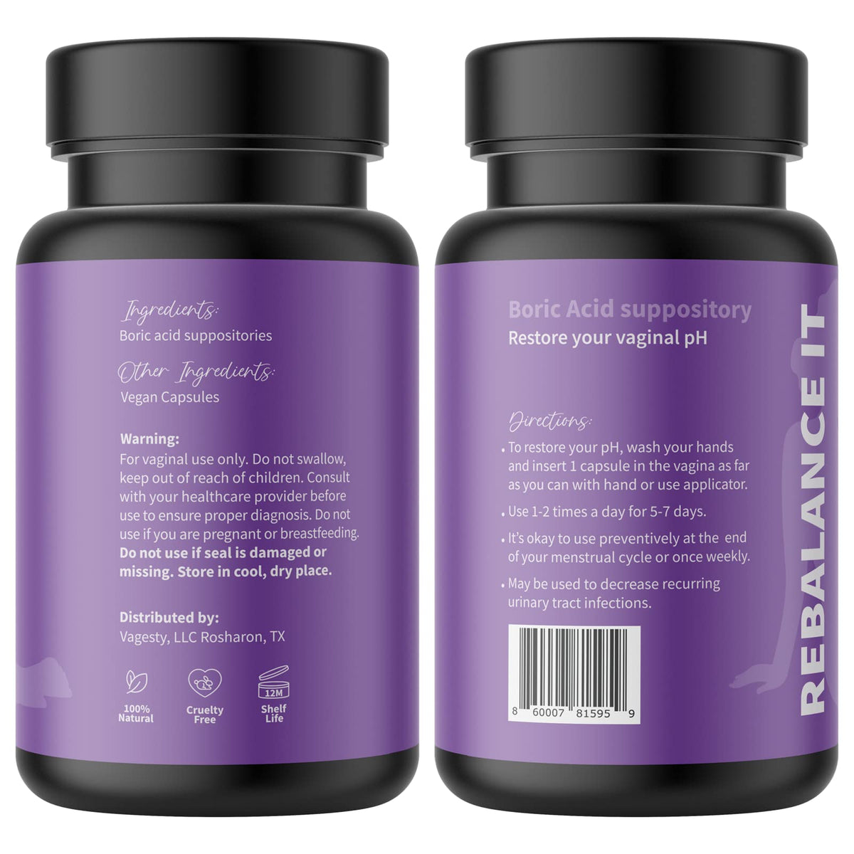 Vagesty Jewelz boric Acid Vaginal Suppositories, 100% Pure boric Acid, rebalance Vaginal pH