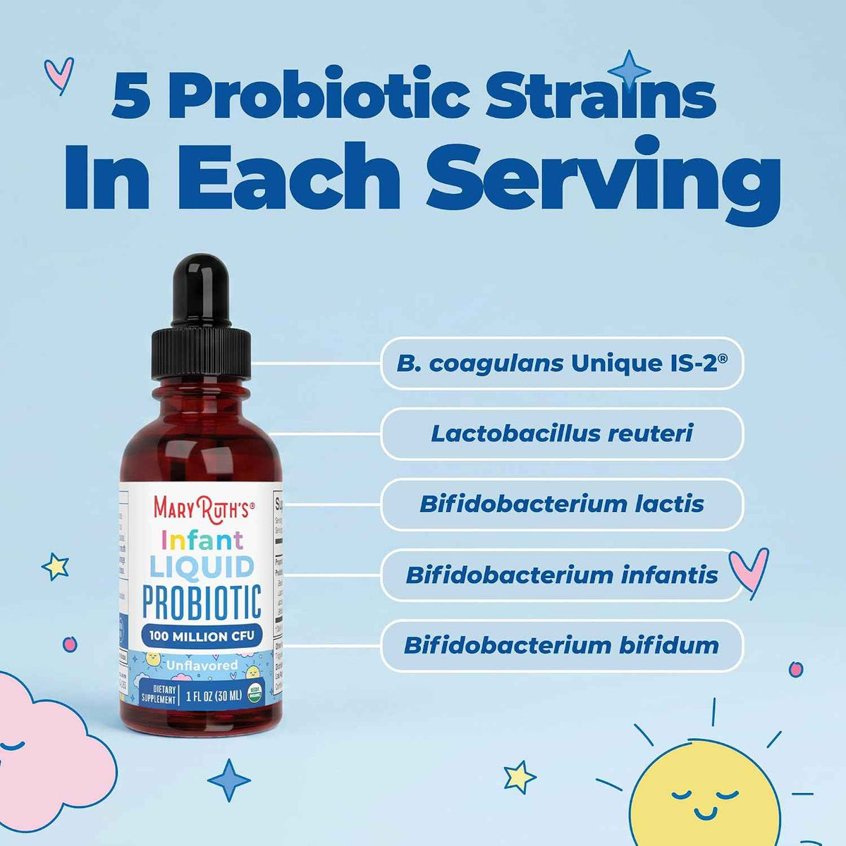 MaryRuth's Organic Infant Liquid Probiotic for Ages 6-12 Months - 100 Million CFU - 5 Probiotic Strains - Probiotics for Infants - Proprietary Probiotic Blend - USDA Organic - Vegan - Unflavored - 1 oz