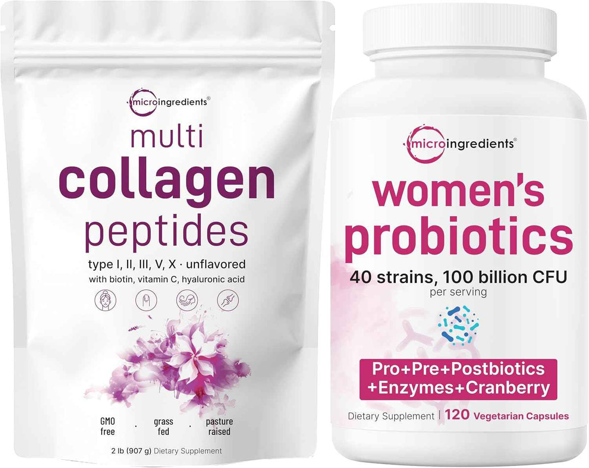 Micro Ingredients 8-in-1 Multi Collagen Powder & Women’s Probiotics 100 Billion CFU Veggie Capsules - 2 Pack - Hydrolyzed Peptides + Hyaluronic Acid & Vitamin C - 40 Strains + Cranberry & D-Mannose