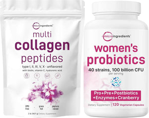 Micro Ingredients 8-in-1 Multi Collagen Powder & Women’s Probiotics 100 Billion CFU Veggie Capsules - 2 Pack - Hydrolyzed Peptides + Hyaluronic Acid & Vitamin C - 40 Strains + Cranberry & D-Mannose