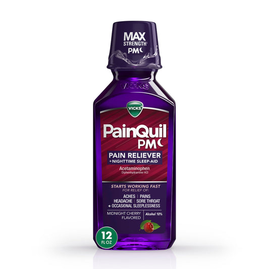 Vicks PainQuil Pain Relief Acetaminophen 1000mg Max Strength Adult Pain Reliever Liquid 12oz, Backache Headache Relief, 1 Nighttime Pain Reliever + Sleep Aid