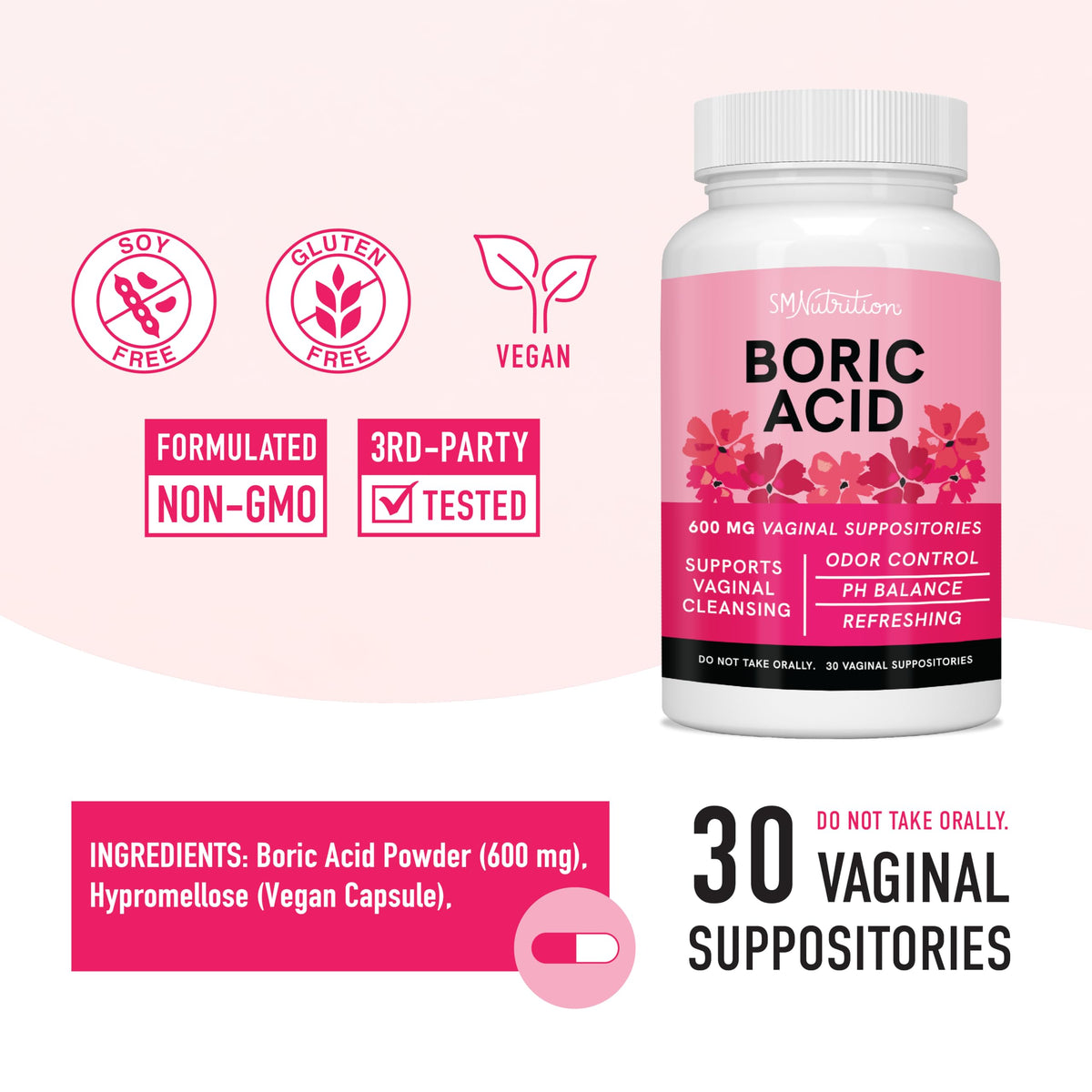 Boric Acid Suppositories for Women | 600mg | for pH Balance, Vaginal Odor & Itching | Feminine Hygiene