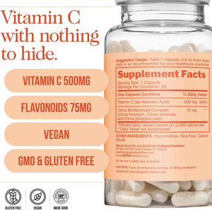 Naked Iron + Vitamin C Bundle - High-Potency Supplement for Deficiency, Energy Support, Red Blood Cell & Daily Antioxidant Immune Support - 65 mg Iron (60 Caps) + 500 mg Vitamin C (90 Caps)