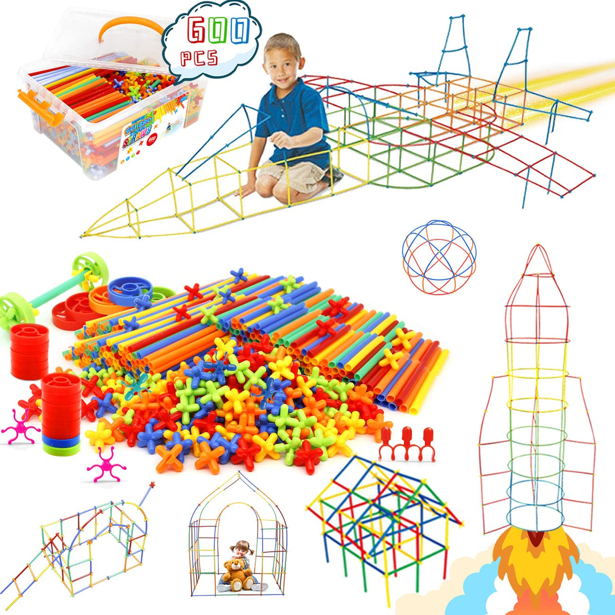 Ggiibro Straw Constructor Toys 600Pcs STEM Building Toy Interlocking Plastic Engineering Thin Tube Blocks Educational Kit for 3 4 5 6 7years Kids Boys and Girls Gift Preschool Toy with Storage Box