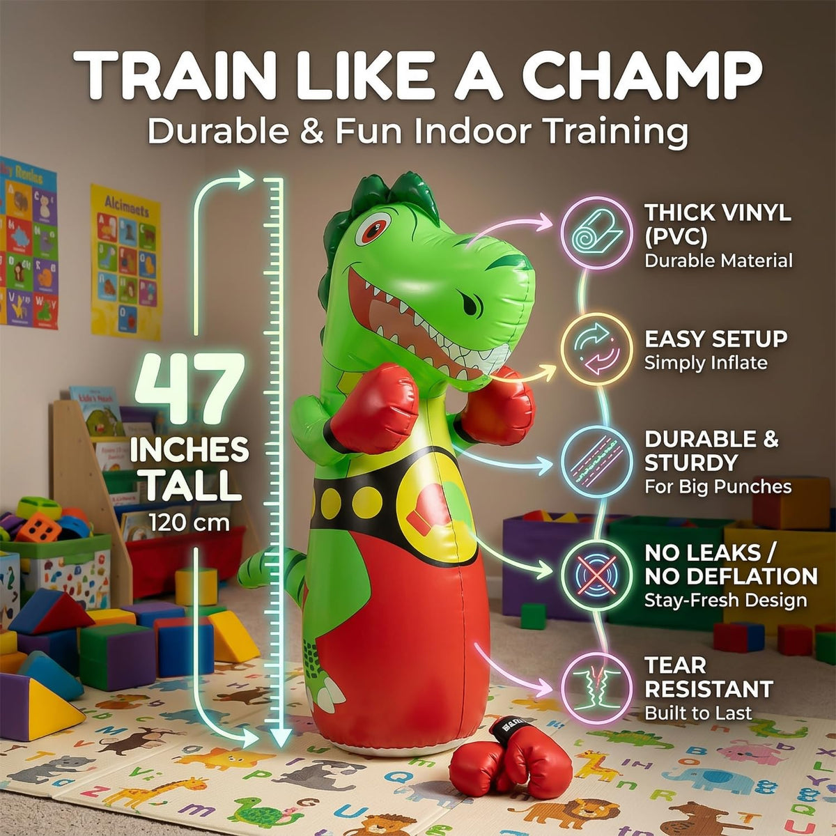 Inflatable Dinosaur Punching Bag for Kids with LED Light and Remote Control