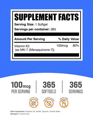 BulkSupplements.com Vitamin K2 Softgels - Vitamin K2 MK7, Vitamin Supplements - Gluten Free, 1 Softgel per Serving, 365 Count (Pack of 1)