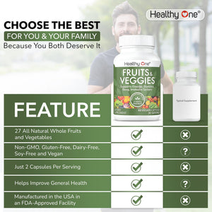 Fruits & Veggies Formula - 27 Premium Whole Foods - Organic Ingredients - Equals 3 Servings of Fruits & Vegetables - Improve Energy, Focus & Immune Function - Fiber - Antioxidants - 120ct (60 Serv) Healthy One buy supplements Au
